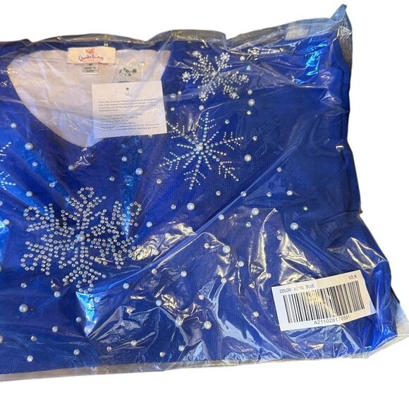 Quacker Factory Royal Blue Silver Snowflake Christmas Holiday Long Sleeve Top M - Picture 6 of 9